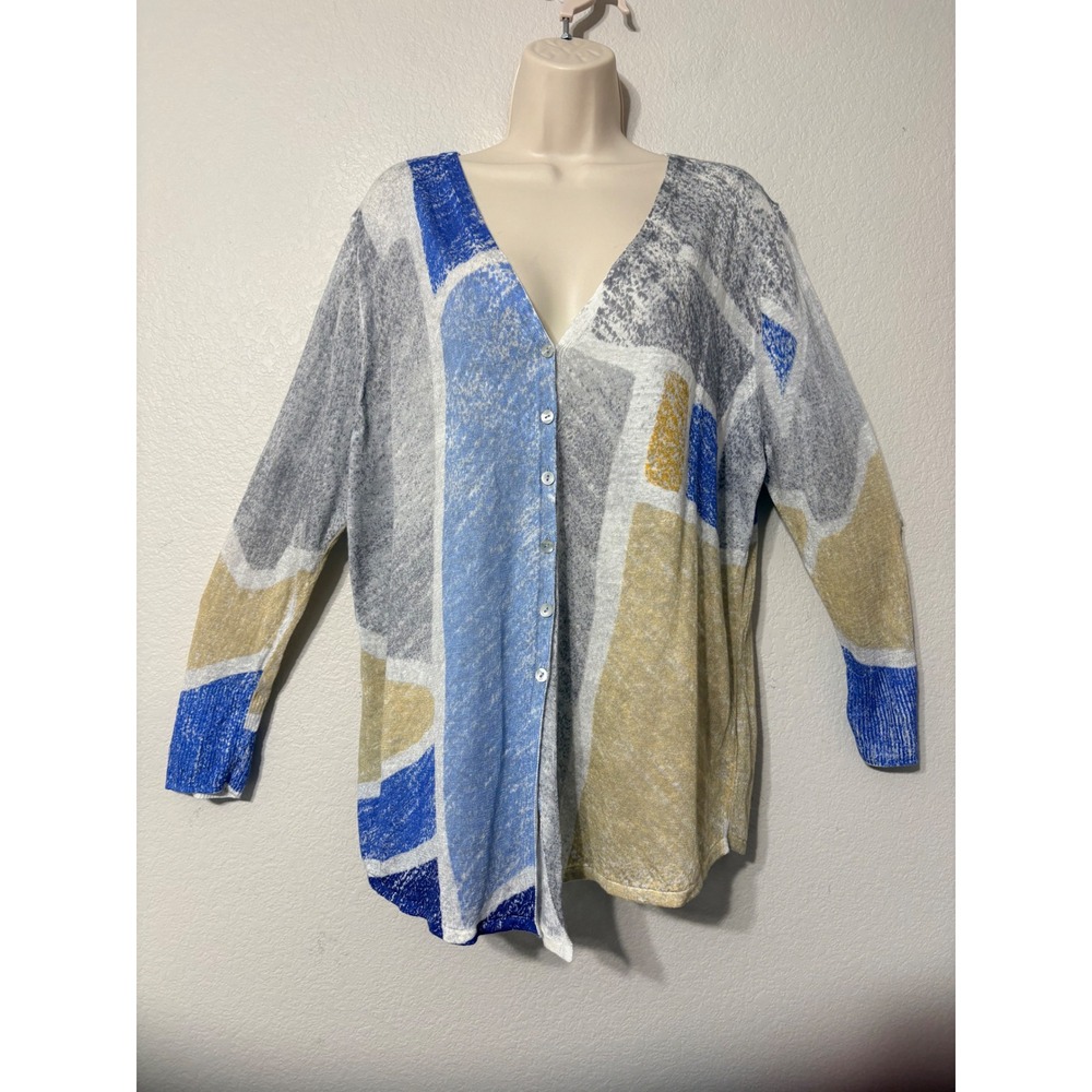 Nic+Zoe Women XL Geometric Block Print Knit Cardigan Blue Grey Yellow V-Neck